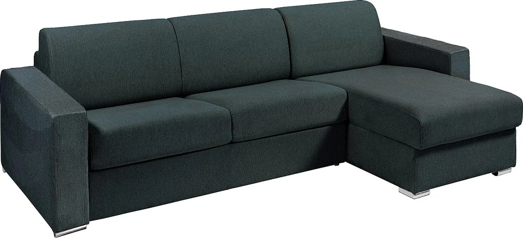 Kanapa narożna rozkładana uniwersalna z szybkim systemem, tapicerowana ciemnozieloną tkaniną - Powierzchnia spania 140 cm - Materac 18 cm - CALITO