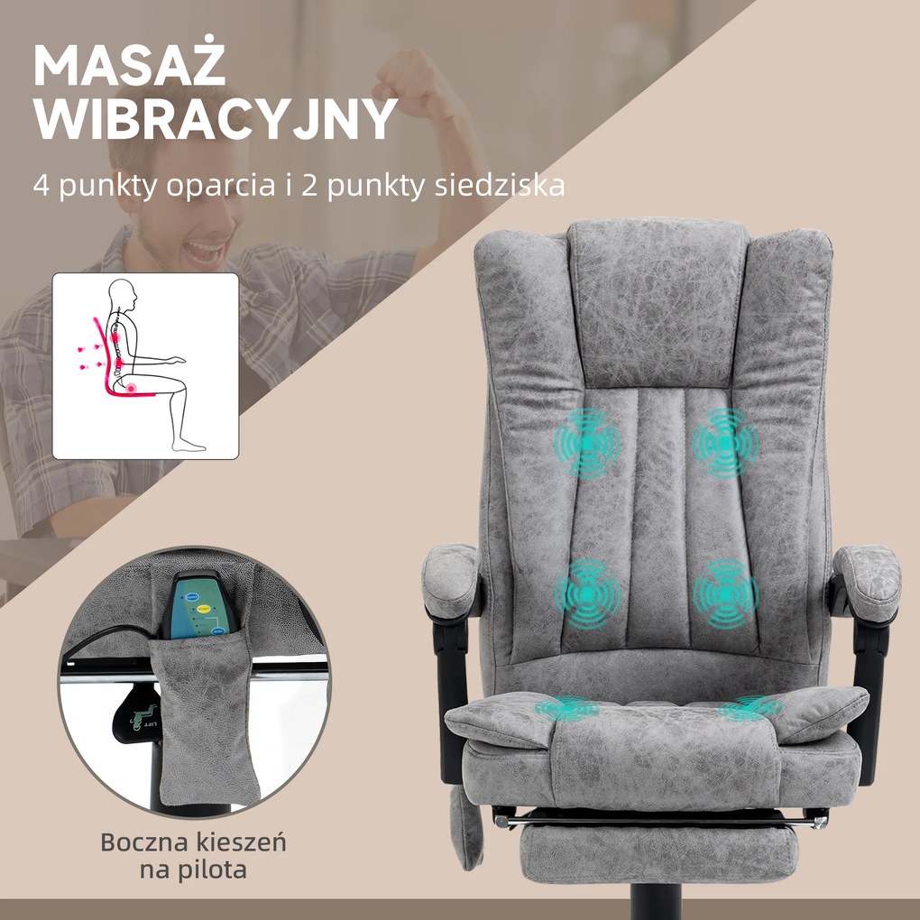 HOMCOM Fotel biurowy ergonomiczny z masażem i podgrzewaniem funkcja leżanki obciążenie do 120kg szary | Aosom PL