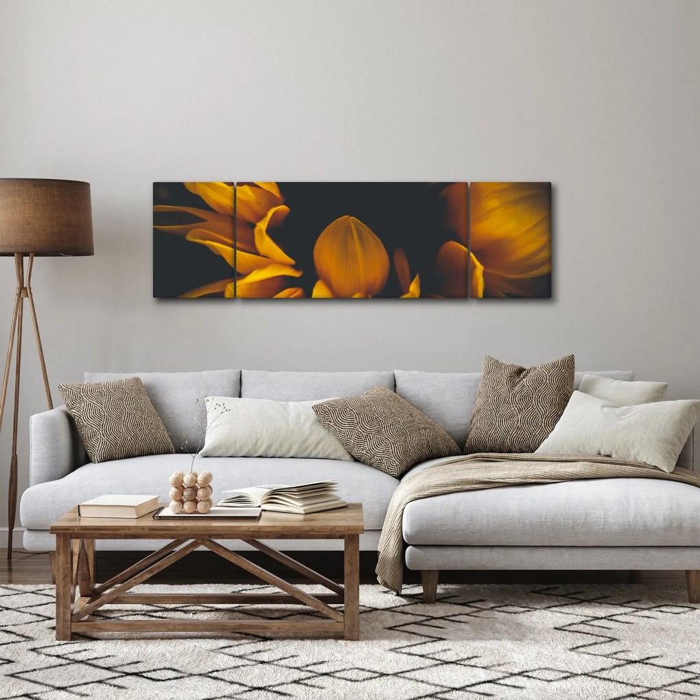 Obraz - Słoneczniki na czarnym tle (170x50 cm)