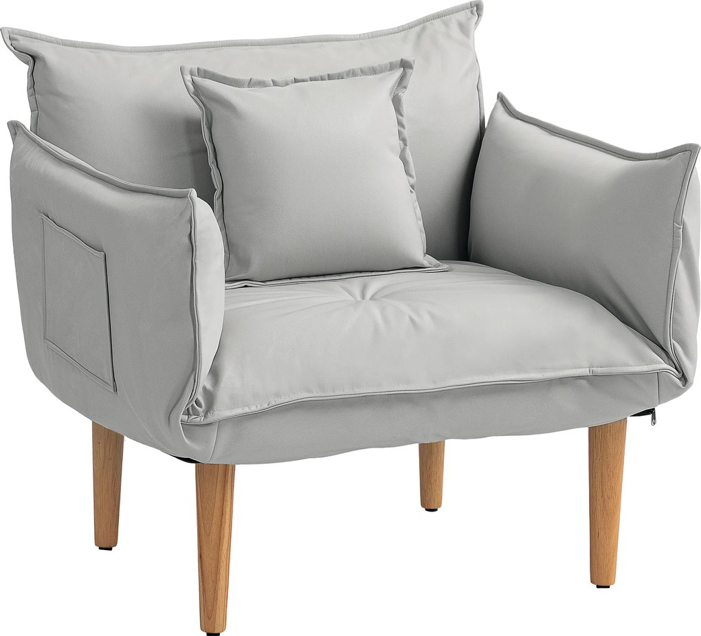 HOMCOM Fotel do Salonu i Sypialni 2-w-1, Regulowany z Poduszką, Gepolstrowany, Jasnoszary