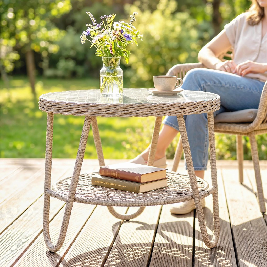 Outsunny Stolik boczny z rattanu PE, dwupoziomowy stolik kawowy z półką, szkło, regulowane nóżki, 65 x 65 x 50 cm, żółty | Aosom PL