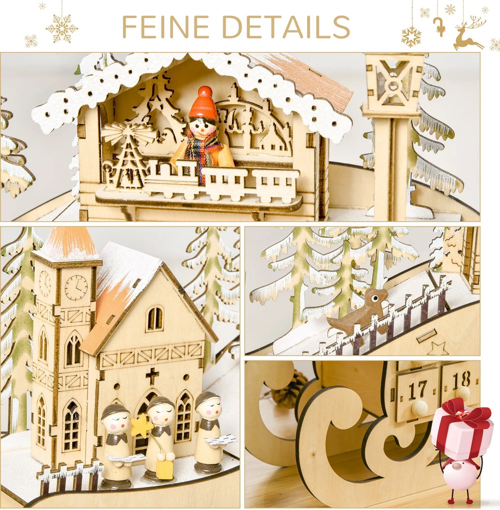 Kalendarz świąteczny w kształcie sań, 24 szufladki z oświetleniem LED, MDF | Aosom PL