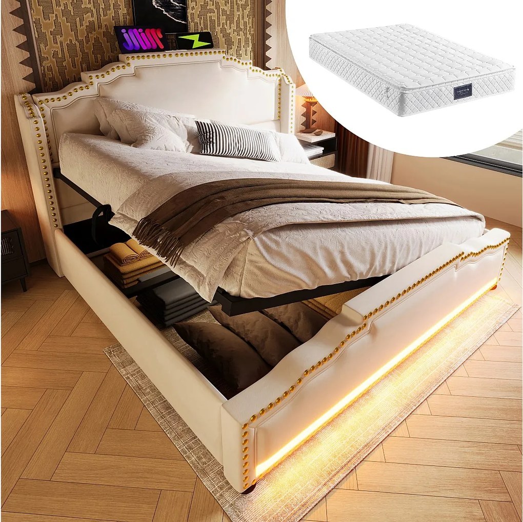 Łóżko podwójne tapicerowane ze schowkiem - 140 x 200 cm - z hydraulicznym schowkiem LED + USB - z materacem - aksamitne - beżowe
