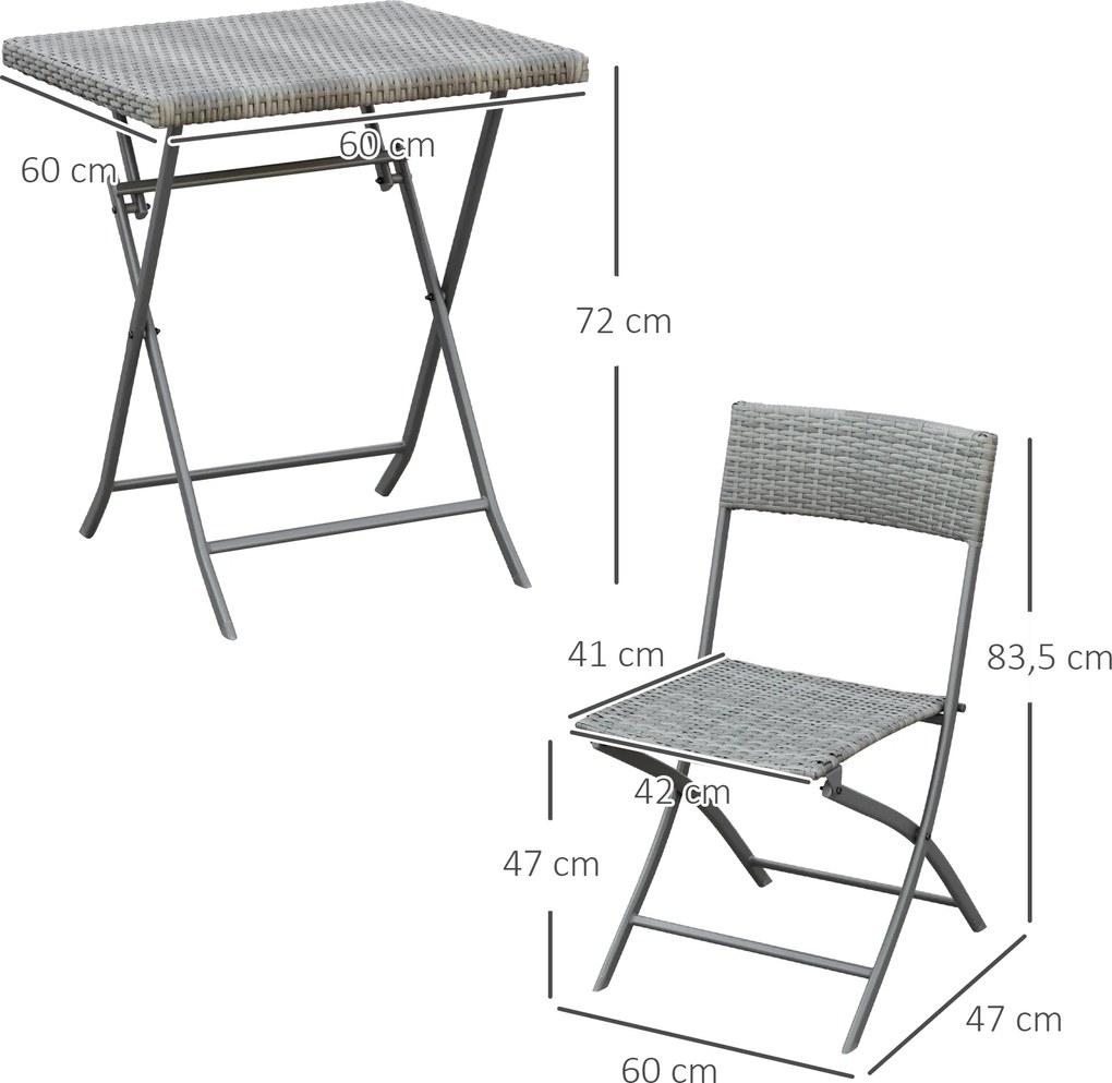 Outsunny Zestaw Bistro 3cz Rattan Polyrattan Stół i Krzesła do Ogrodu Balkonu Szary Wymiary 60x60x72cm | Aosom PL