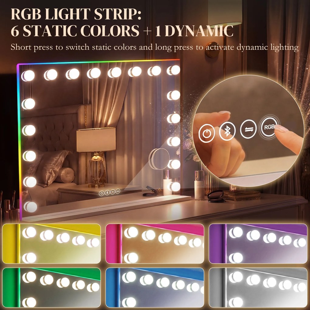 HOMCOM Hollywoodzkie lustro do makijażu z 18 regulowanymi żarówkami LED, 3 kolory, światło RGB, głośnik Bluetooth, 10-krotne powiększenie Białe | Aosom PL