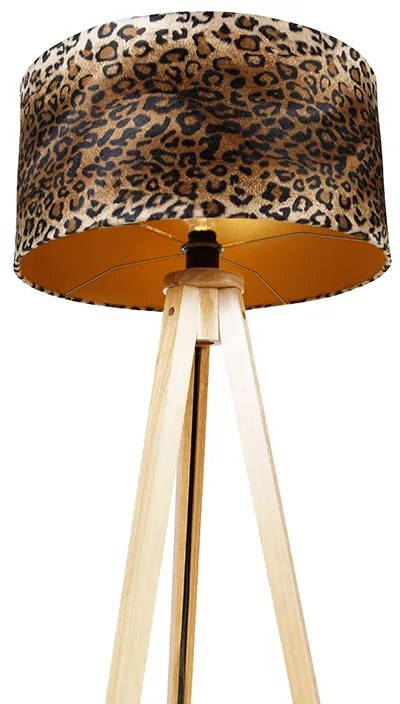 Lampa stojąca trójnóg naturalny z abażurem w panterkę 50 cm - Tripod Classic Oswietlenie wewnetrzne
