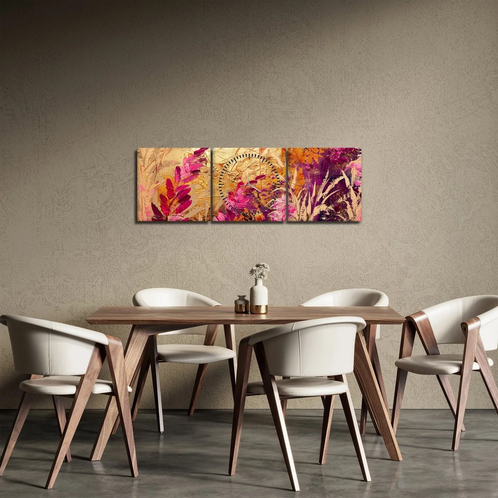 Obraz - Abstrakcyjny obraz kwiatów II. (z zegarem) (90x30 cm)