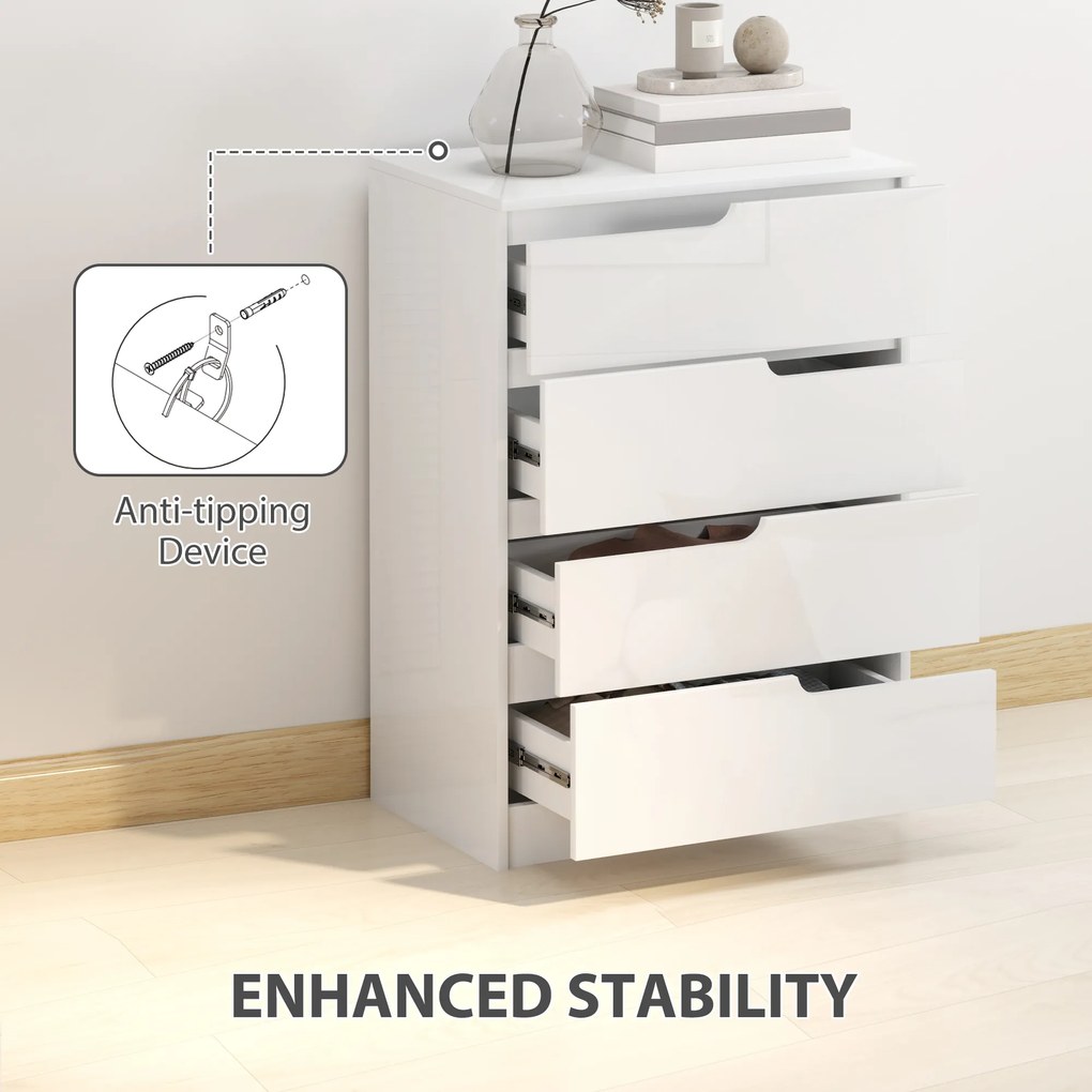 HOMCOM Nowoczesna Komoda, Szafa z 4 szufladami, Płyta wiórowa, Biała, Zabezpieczenie przeciwwypadowe, Podkładki, Biały Połysk