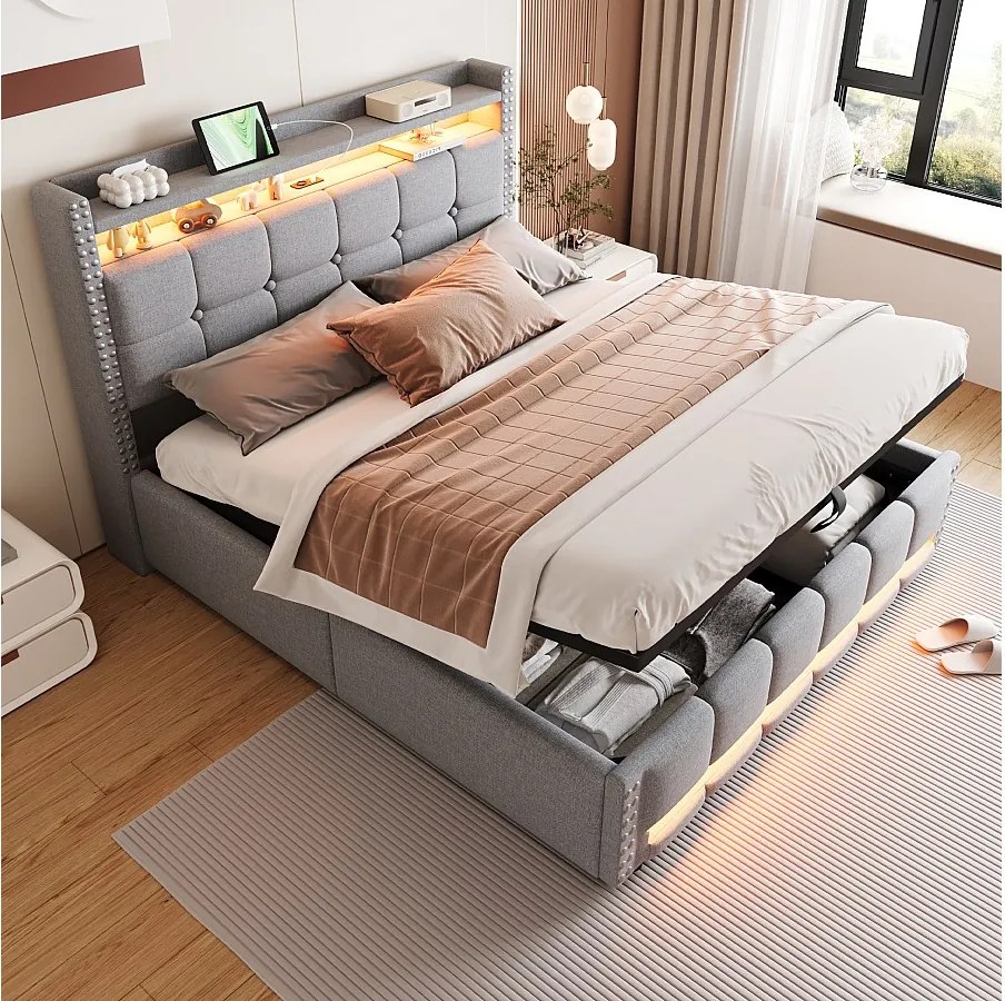 Łóżko 160x200 cm z pojemnikiem - Łóżko dla dorosłych Łóżko z oświetleniem LED i portem USB - Zagłówek z półkami i schowkiem - Jasnoszary len