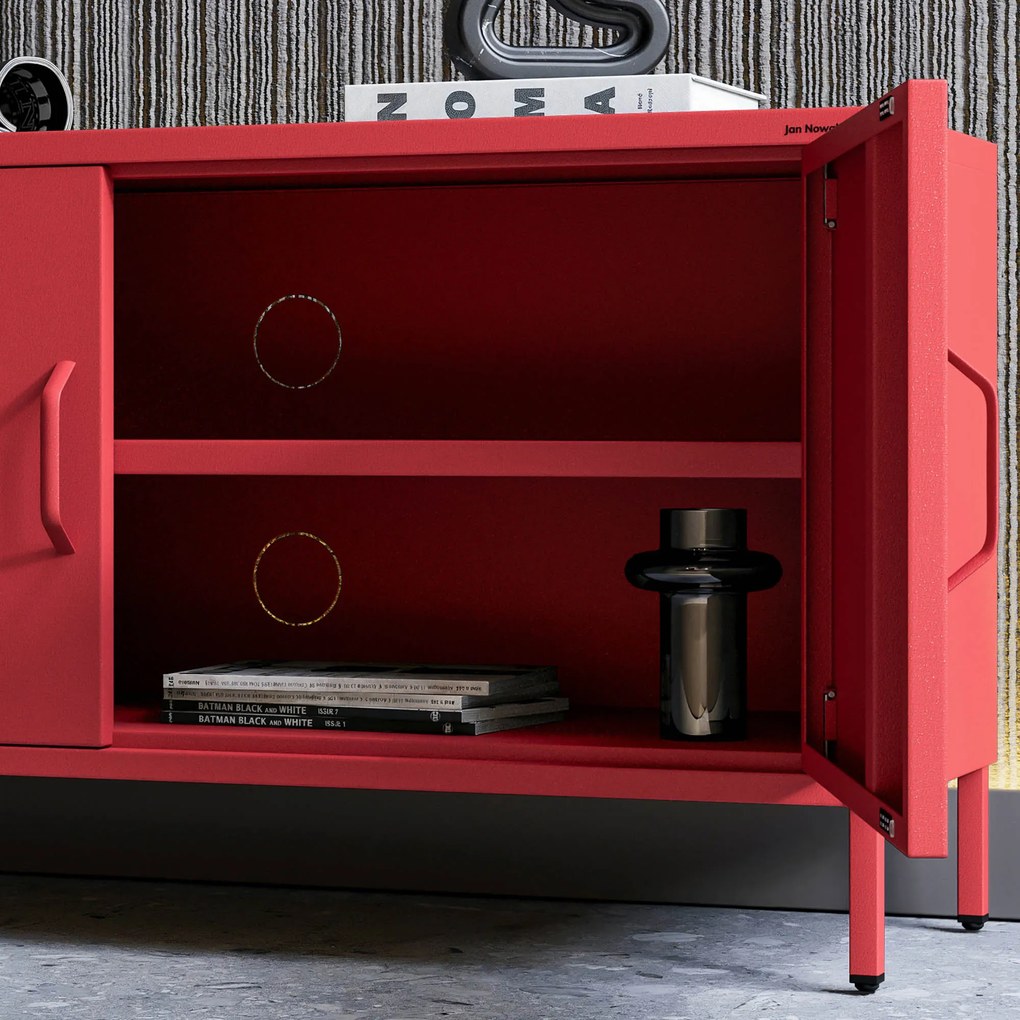 Szafka RTV metalowa na nóżkach czerwona, 1150x595x400 mm: ROSA Modern