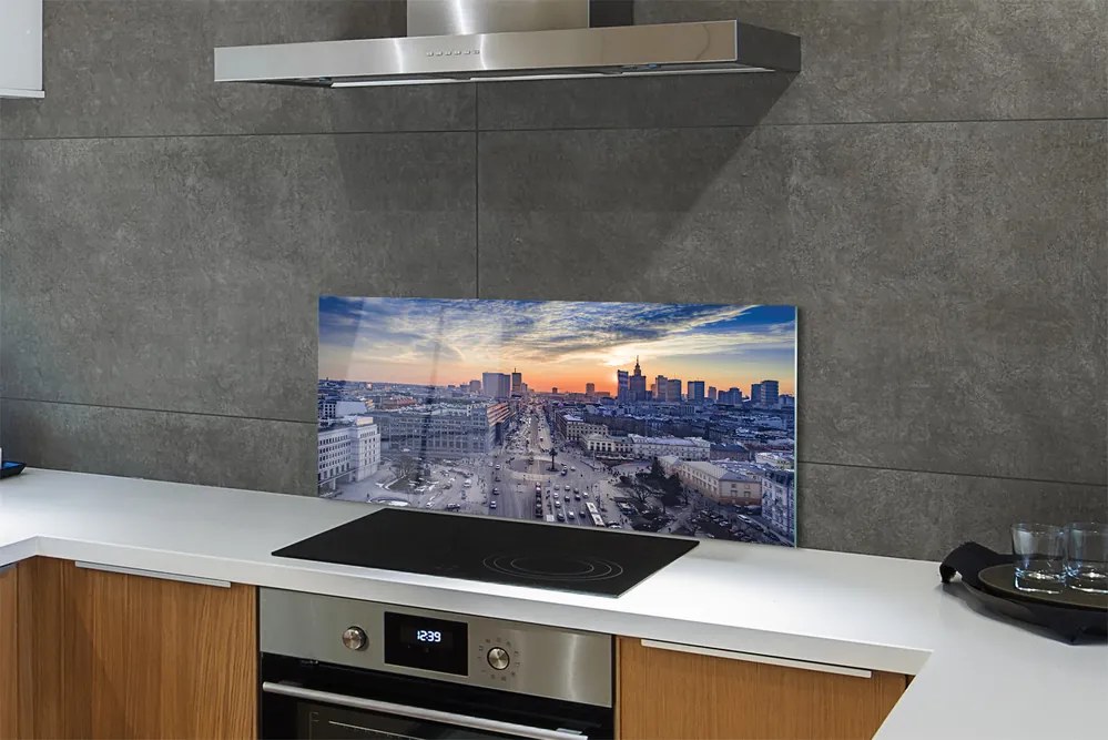 Szkło do Kuchni na Ścianę Warszawskie Wieżowce o Zmierzchu