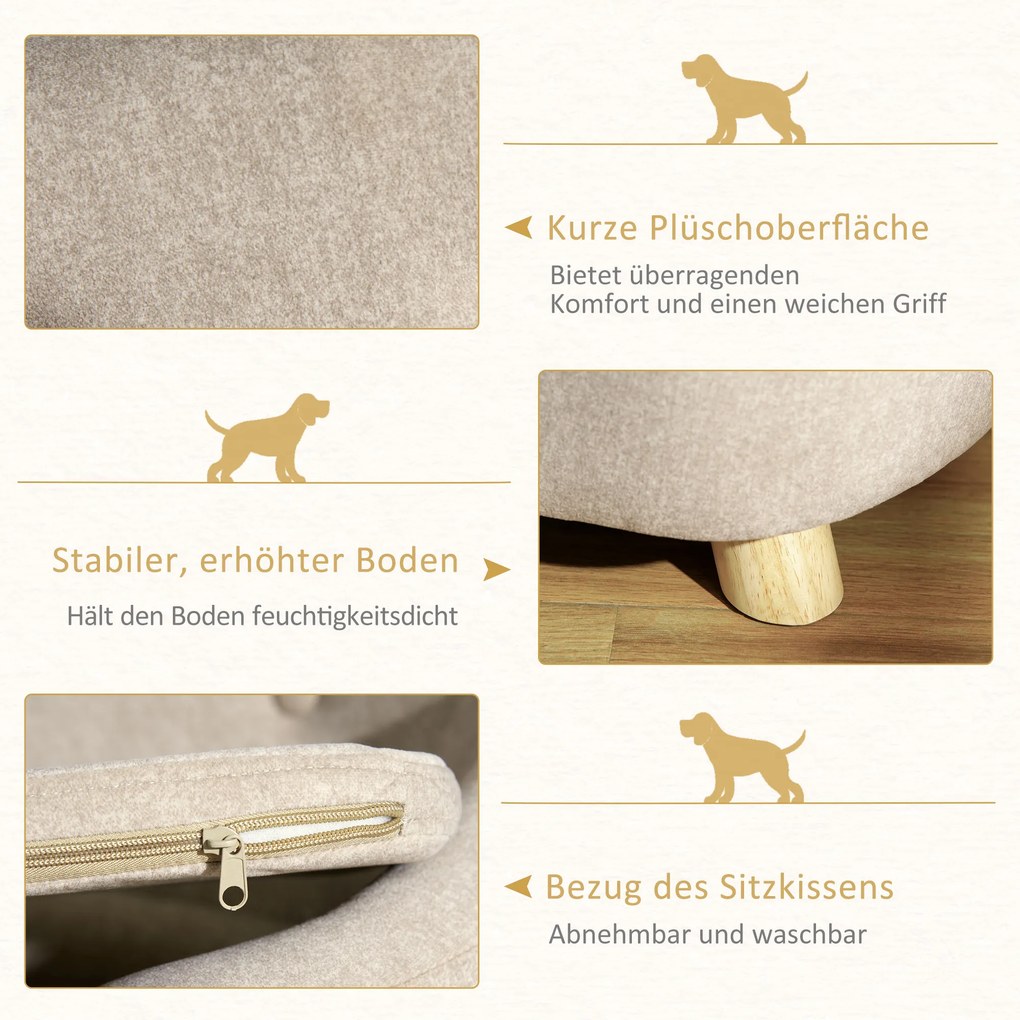 PawHut Sofa dla psa z poduszką, plusz, drewno sosnowe, beżowo-jasna szarość, 70x47x30cm | Aosom PL