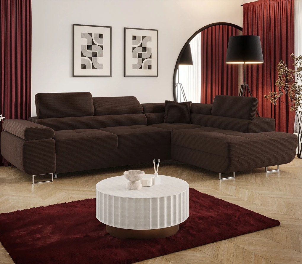 Brązowy sztruksowy narożnik z funkcją spania H9-N65