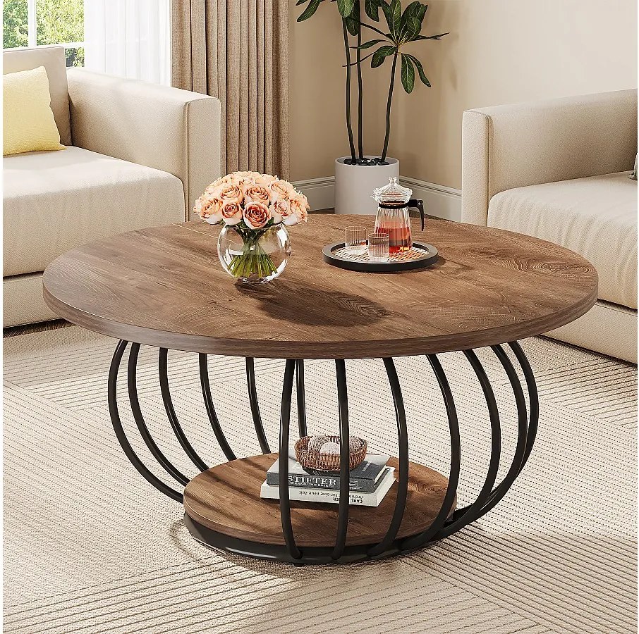 Okrągły stolik kawowy do salonu, 100 cm, industrialny, drewniany, 2-poziomowy stolik koktajlowy z półką do przechowywania