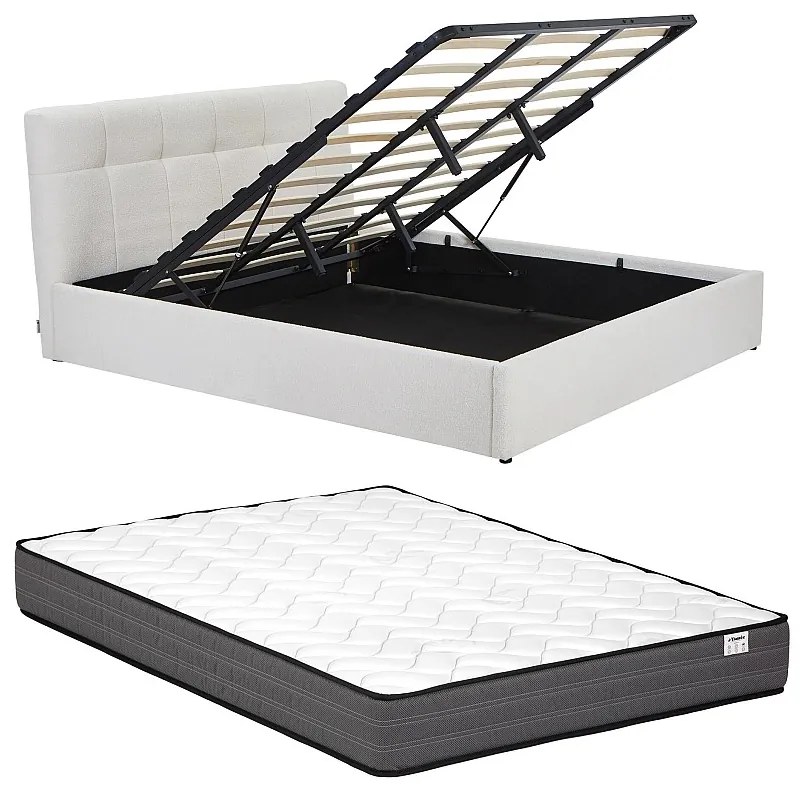 Łóżko ze skrzynią  180 x 200 cm - Tkanina z bukli  - Biały + Materac - MAZIRI