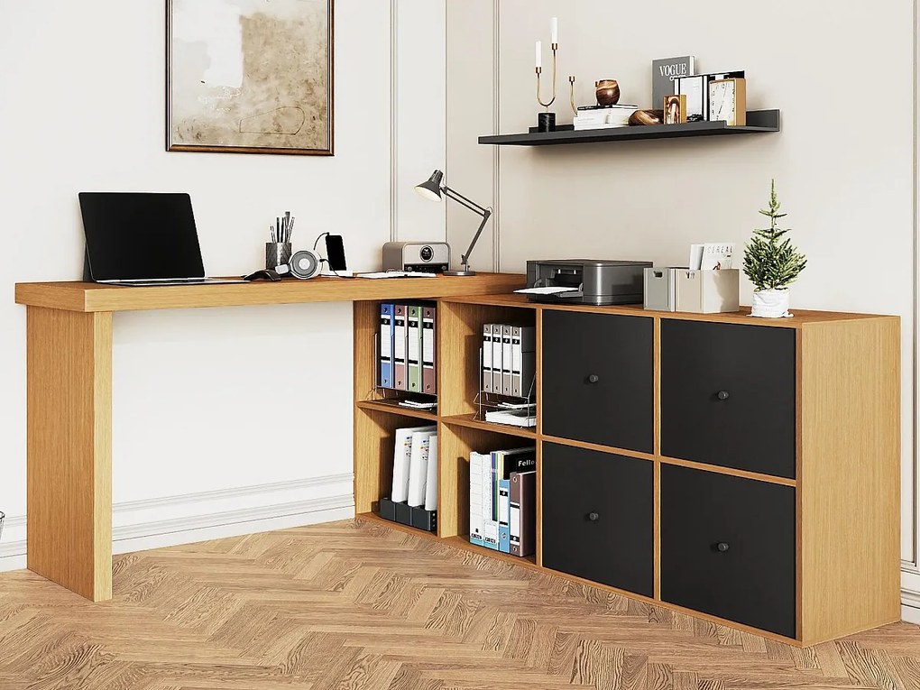 Biurko obrotowe 360° 260×48×78 cm - z 4 przegródkami - 4 szufladami - MDF - naturalny + czarny