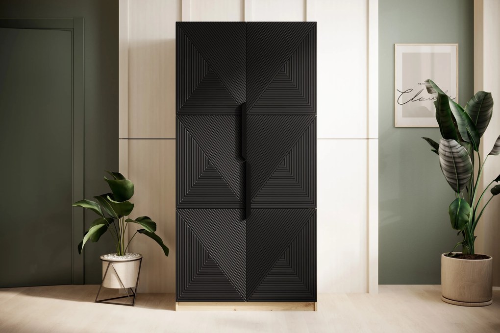 Szafa Asha 100 cm z ryflowanym frontem i metalowymi uchwytami- artisan / czarny mat / czarne uchwyty