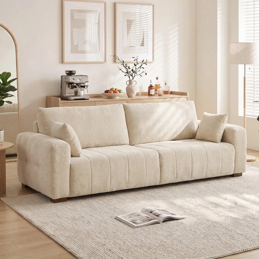 HOMCOM Sofa 3-osobowa z podłogowymi podłokietnikami, tapicerowana sofa do salonu, nogi drewniane, kremowo-biała | Aosom PL