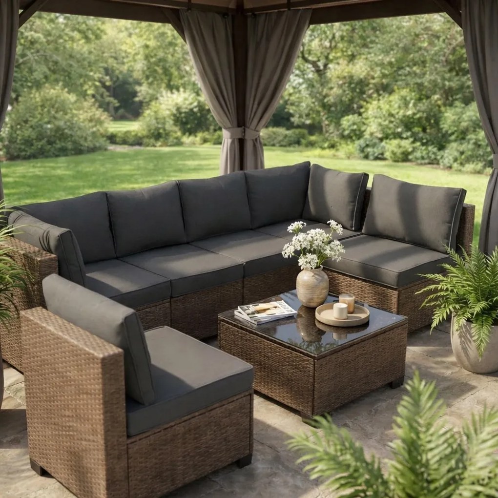 Modułowy narożnik ogrodowy Caldoro technorattan, jasny brąz, poduszki szare