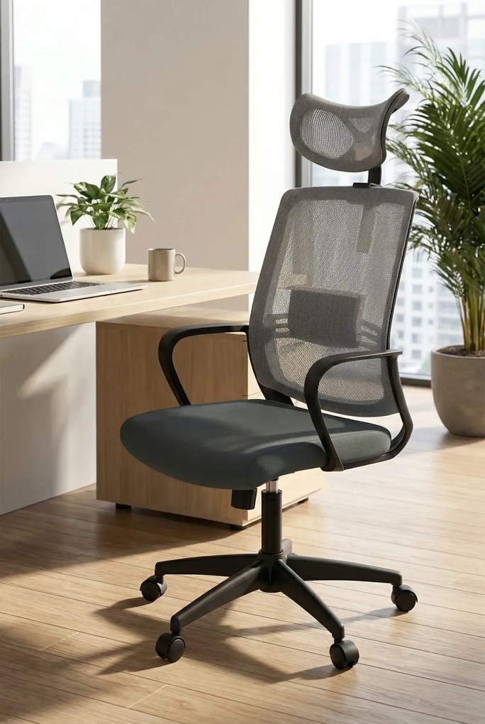 Szary Biurowy Fotel Obrotowy Z Zagłówkiem D0-E81