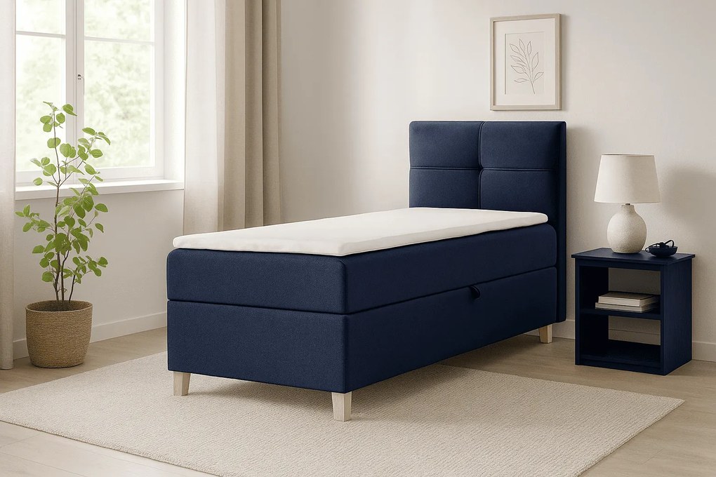 Klasyczna elegancja – łóżko kontynentalne DOMI 100 cm, granatowe, strona prawa