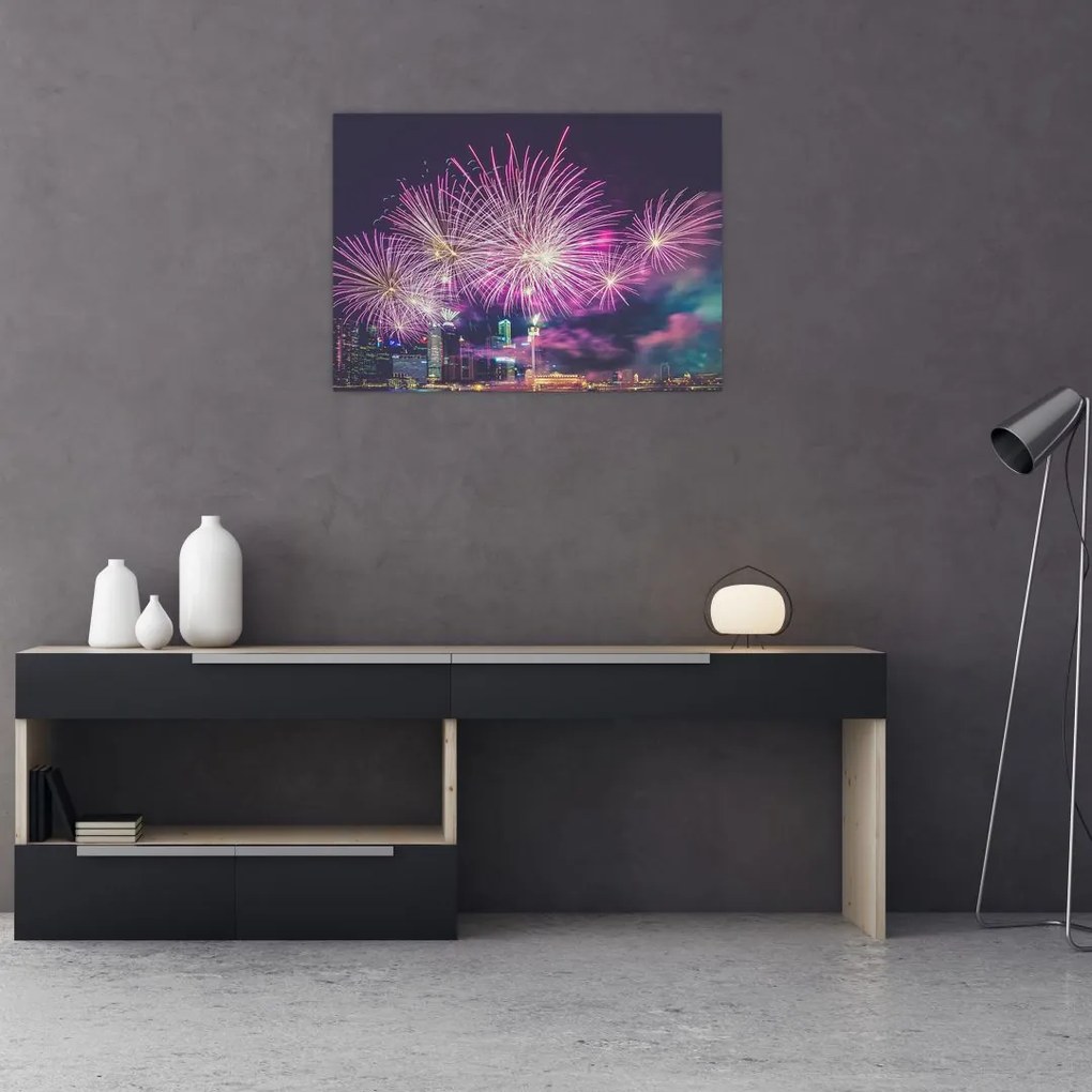 Obraz nocnego miasta z fajerwerkami (70x50 cm)