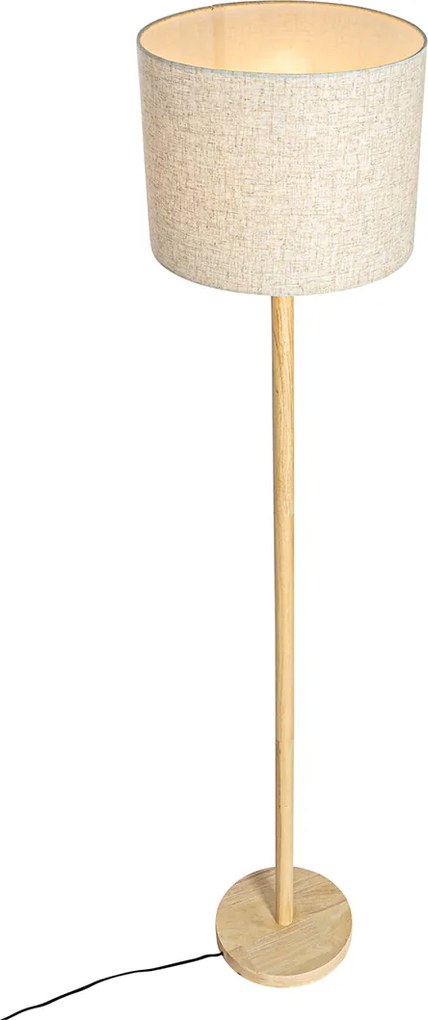 Rustykalna lampa podłogowa drewniana z abażurem lnianym beżowym 32 cm - Mels