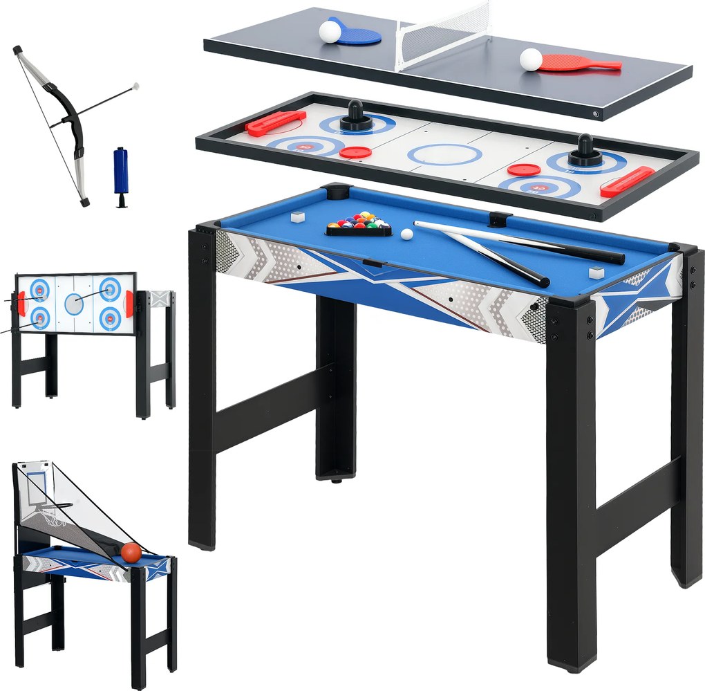 SPORTNOW Stół do gier 5 w 1, bilard, tenis stołowy, hokej, koszykówka, łucznictwo, akcesoria w zestawie, MDF, tworzywo sztuczne, niebieski
