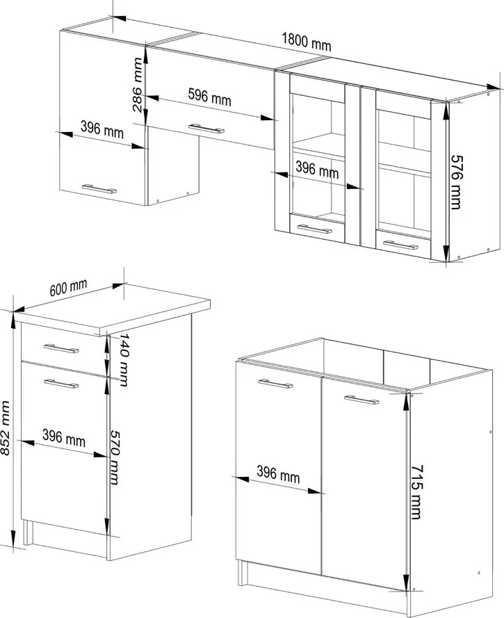 Mały komplet mebli kuchennych beton z witryną 180 cm M6-W78