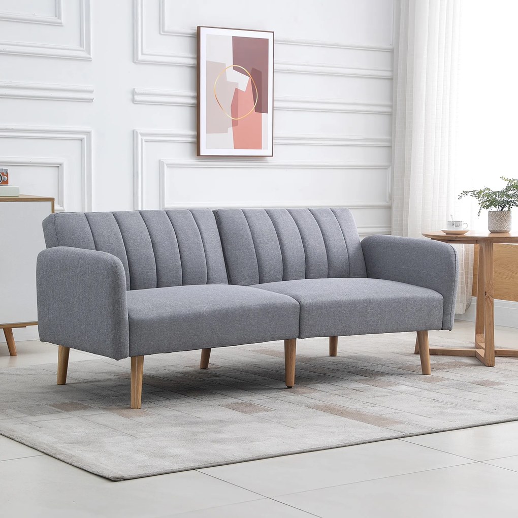 HOMCOM Sofa do spania, dwuosobowa sofa materiałowa, z funkcją spania, polyester stylizowany na len, drewno kauczukowe, 173 x 75 x 73 cm, szara