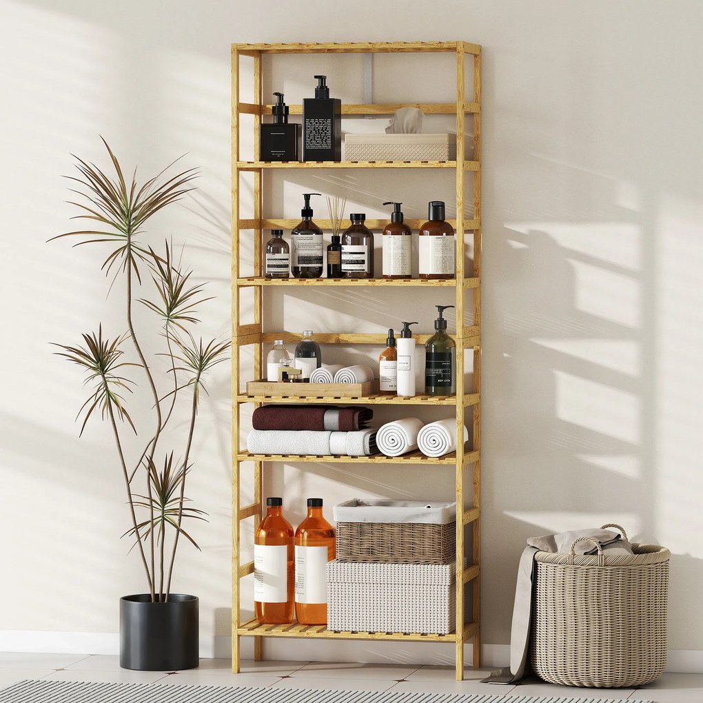 HOMCOM 6-poziomowy regał z drewna bambusowego, regulowane półki, wolnostojący regał do przechowywania, drewno naturalne