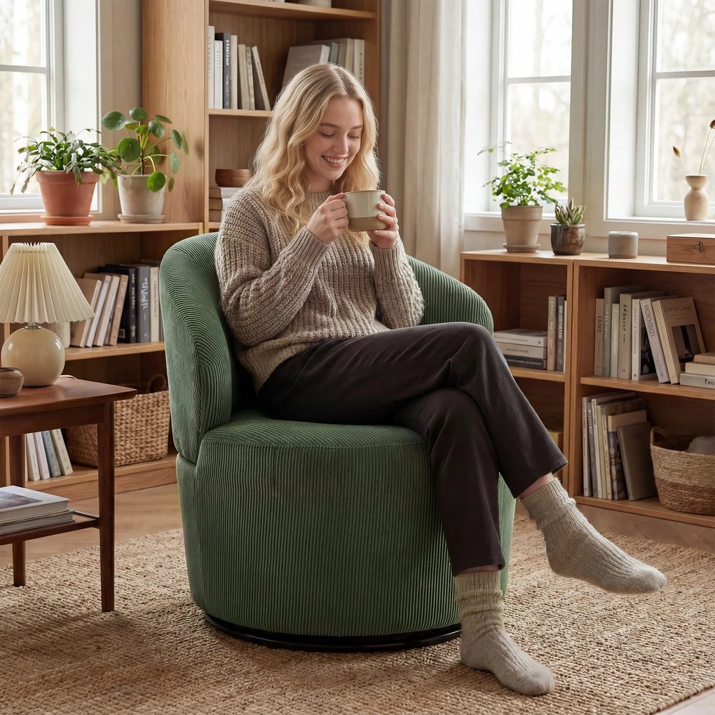 HOMCOM Fotel akcentowy, obrót 360°, nowoczesny fotel obrotowy z okrągłą podstawą, do salonu i sypialni, zielony | Aosom PL