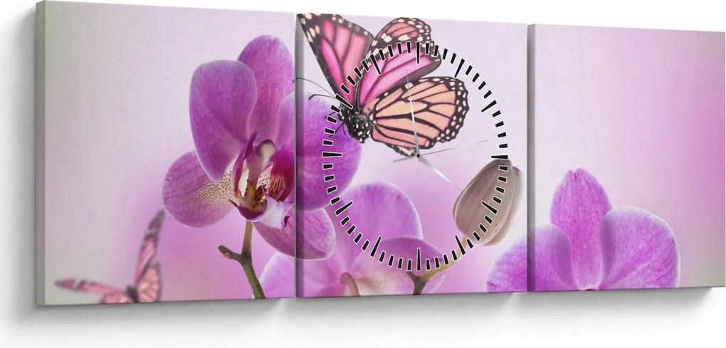 Obraz - Motyl na kwiatach orchidei, liliowy (z zegarem) (90x30 cm)