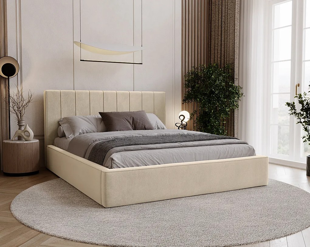 BESILIO Stylowe łóżko tapicerowane 120x200 Persea - stelaż metalowy, pojemnik na pościel, ozdobna lamówka - Kremowy