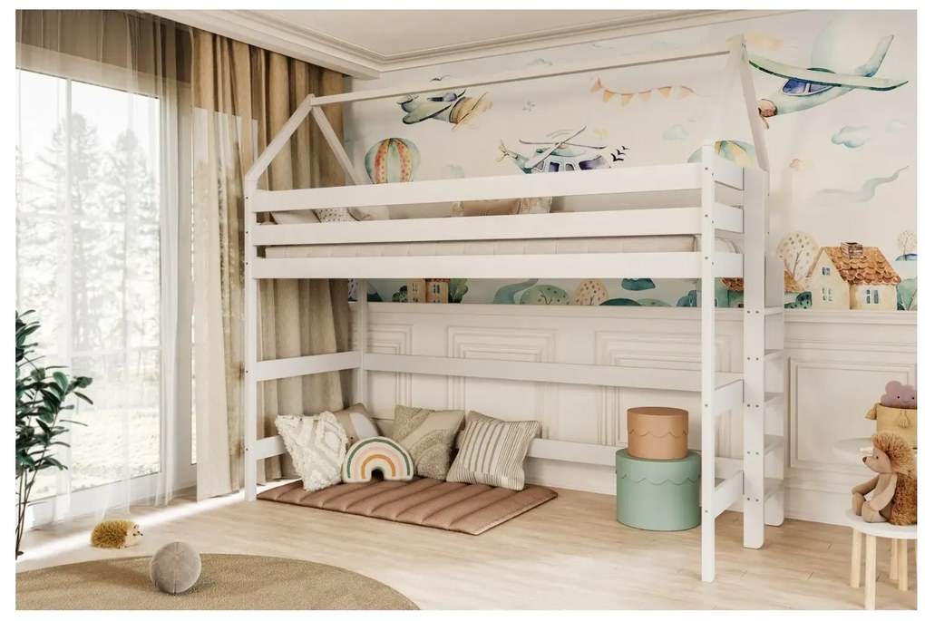 Łóżko piętrowe domek TOBI 1 160x80 białe drewniane KOCOT KIDS