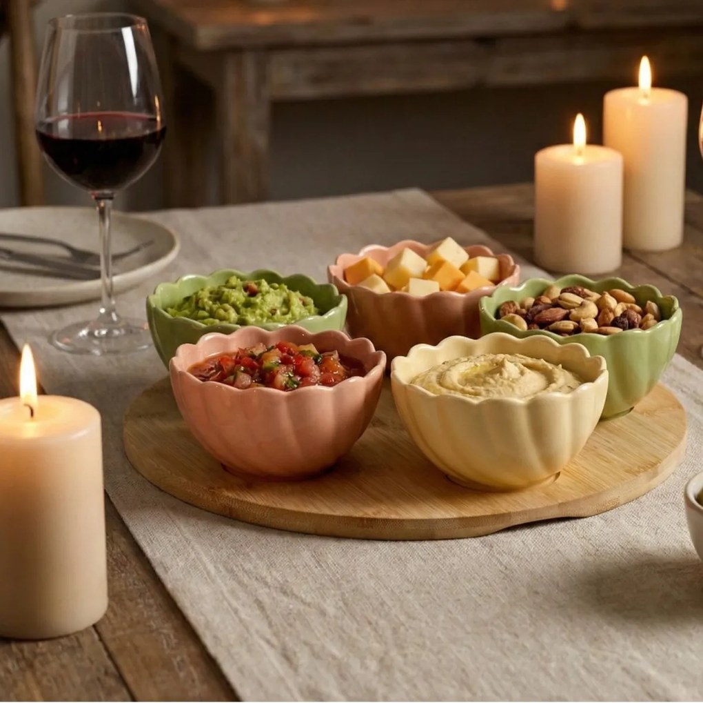 Miseczki na przekąski kwiatki na bambusowej tacy, 5 miseczek + deska