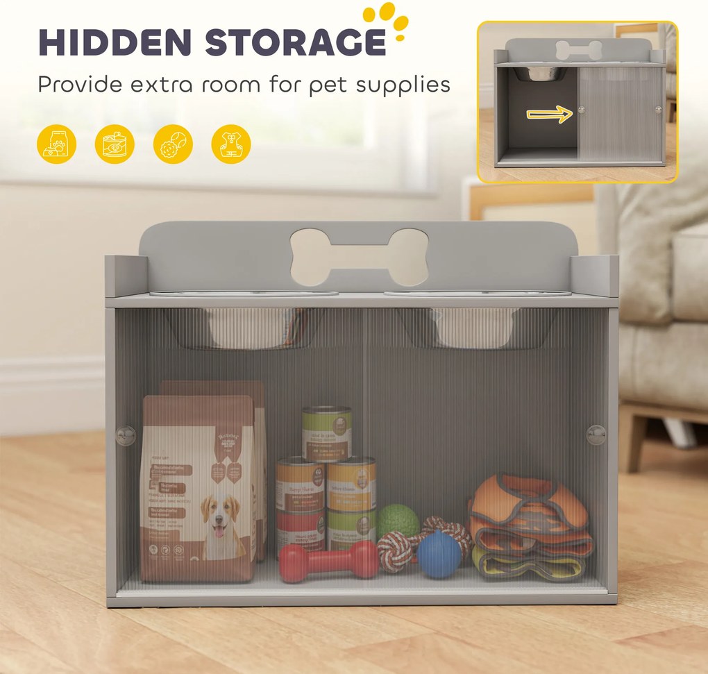 PawHut Podwyższona stacja karmienia z 2 miskami i szafką, MDF, stal nierdzewna, motyw kości, szary