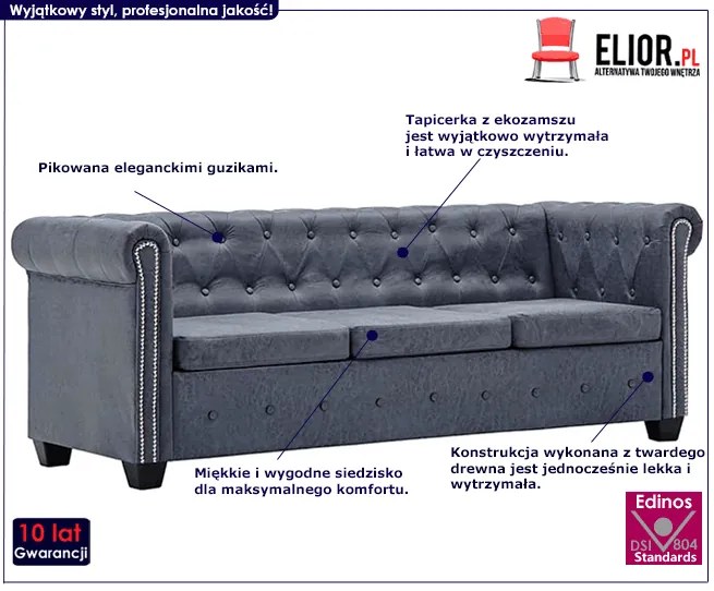 Trzyosobowa sofa Charlotte 3Q w stylu Chesterfield - szara