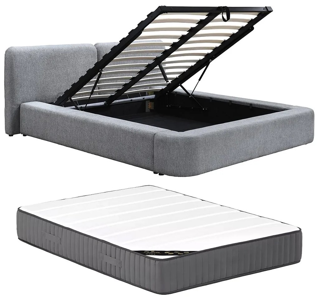 Łóżko ze skrzynią  140 x 190 cm - Tkanina - Szary + Materac - JUDALO od Maison Céphy