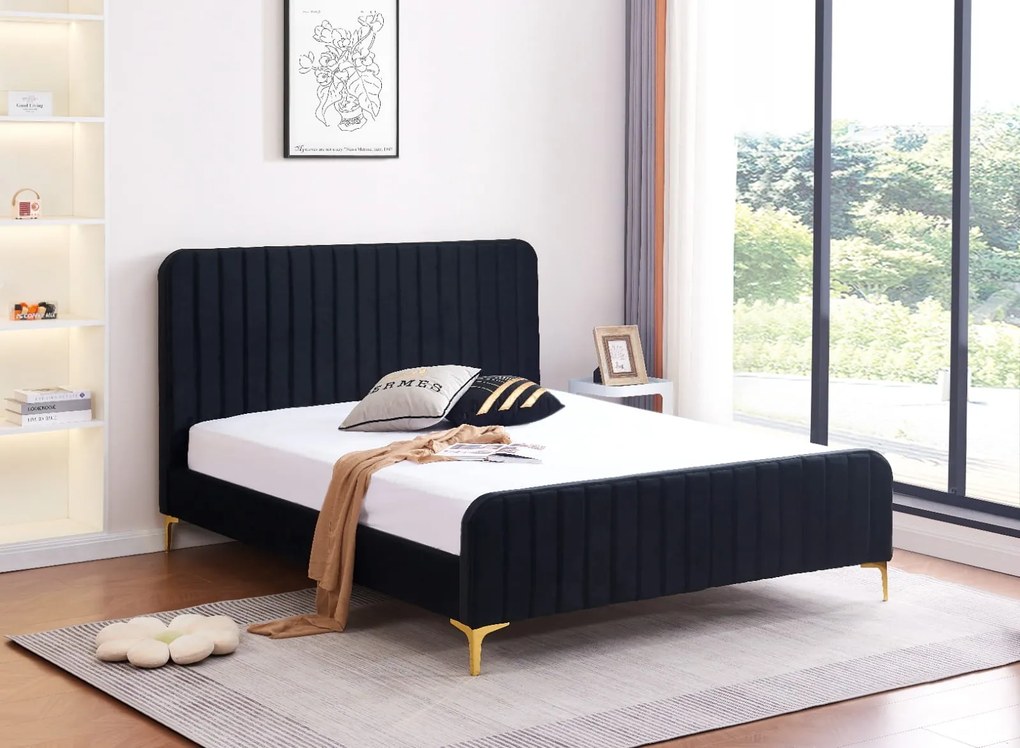 Łóżko podwójne tapicerowane z MATERACEM i stelażem 160x200 czarny welur SIENA