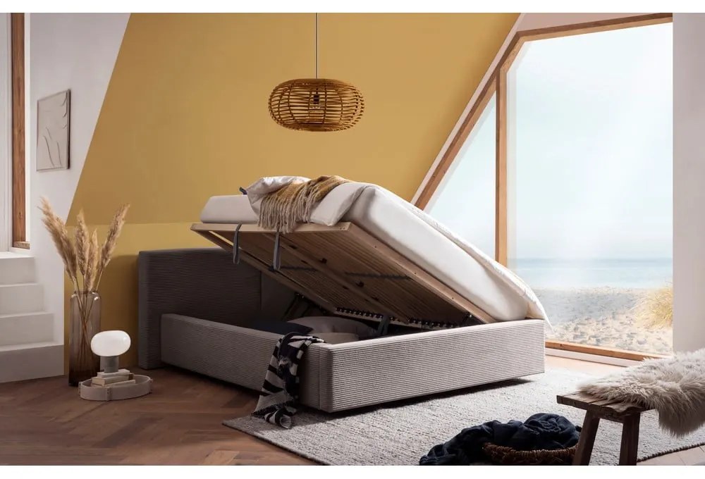 Jasnobrązowe tapicerowane łóżko dwuosobowe ze schowkiem ze stelażem 140x200 cm Cube – Meise Möbel