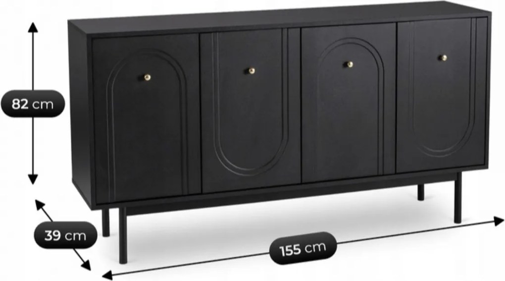 Czterodrzwiowa komoda glamour Marlen 155 cm, kolor czarny