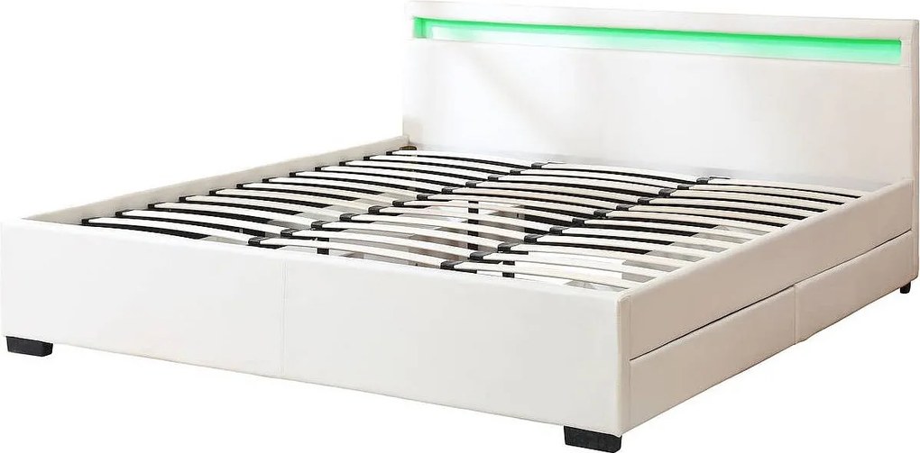 Łóżko dwuosobowe z oświetleniem LED "Nico" z 4 szufladami - Białe - 180 x 200 cm - Schowek i Pilot