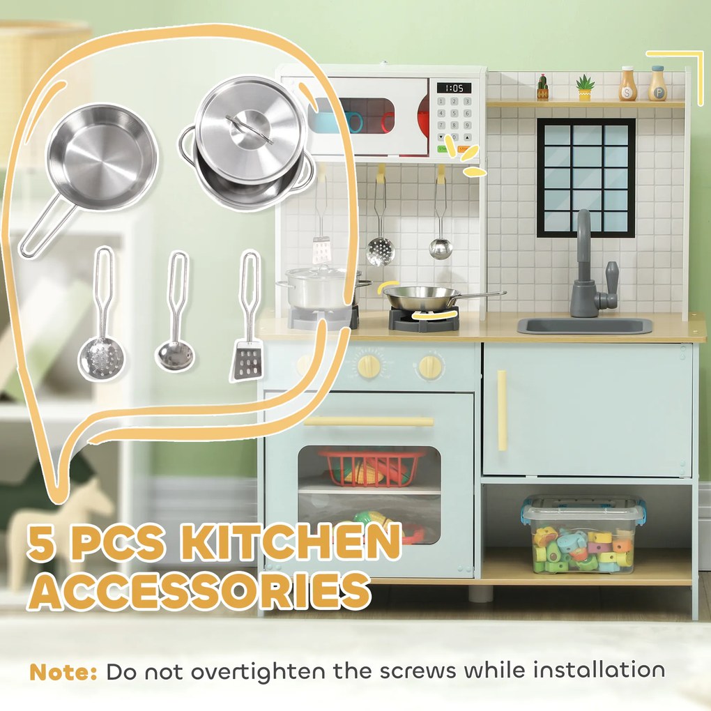 AIYAPLAY Zestaw kuchenny dla dzieci z mikrofalówką, kuchenką i piekarnikiem, akcesoria kuchenne, MDF, stal nierdzewna, Niebieski