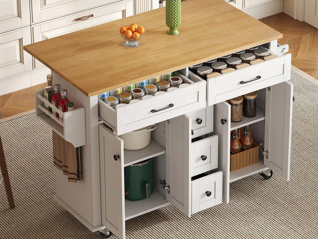 Mobilna wyspa kuchenna - blat rozsuwany - 5 szuflad i 4 drzwi - z wieszakiem na ręczniki - MDF - biały