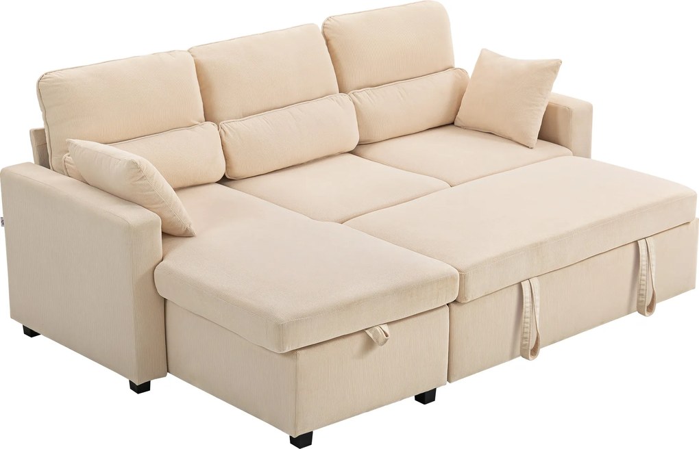HOMCOM Sofa rozkładana narożna z funkcją łóżka i pojemnikiem na pościel do salonu i pokoju gościnnego beżowa | Aosom PL
