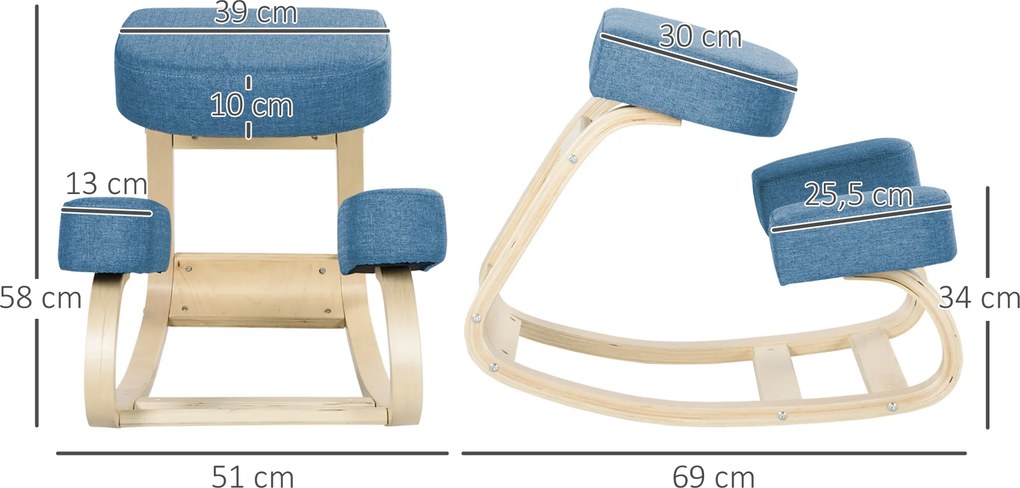 Vinsetto Krzesło klęcznik, ergonomiczny taboret do siedzenia, tapicerowany stołek dla zdrowej postawy, drewno brzozowe, wytrzymałość do 120 kg, niebieski | Aosom PL