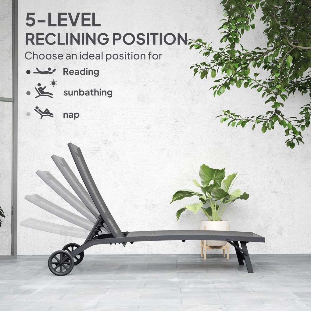 Outsunny Leżanka z regulowanym oparciem w 5 pozycjach, Oddychający materiał, Rama aluminiowa, Ciemnoszara, 195 x 66 x 34 cm