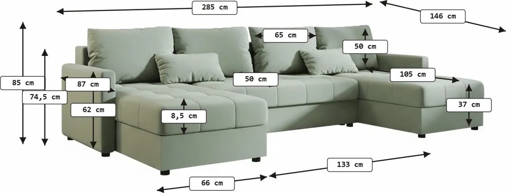 Rozkładana sofa narożna w kształcie U VENORIA 285x146 cm, jasnozielona + 2 poduszki GRATIS