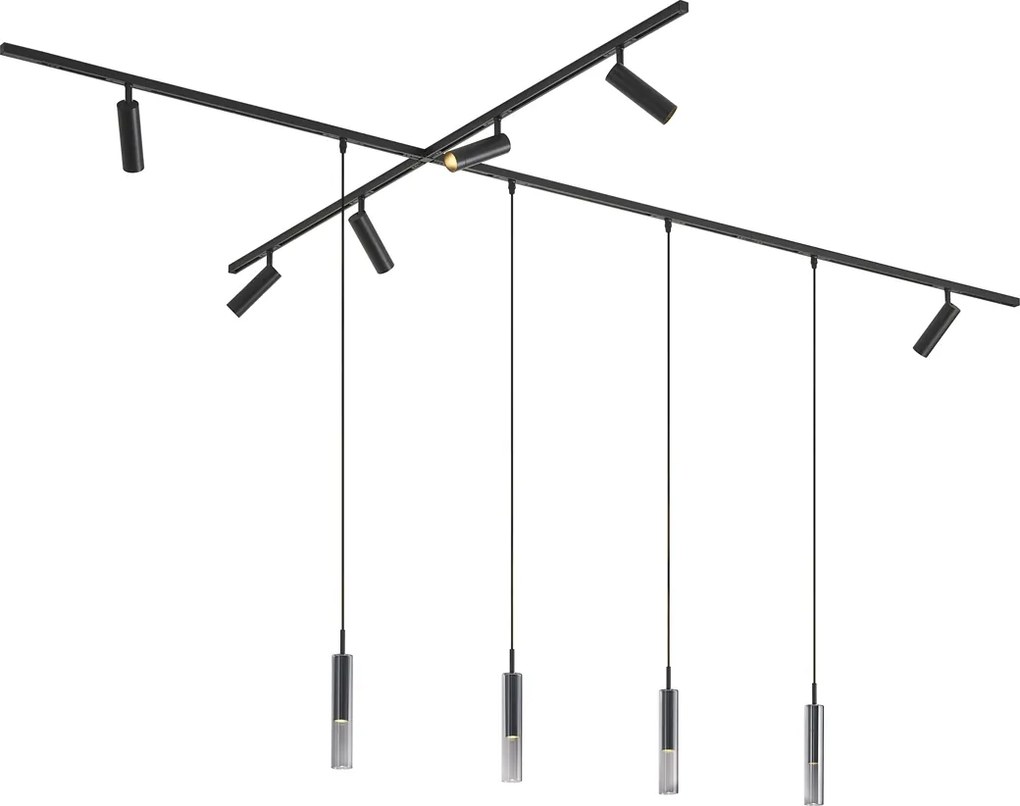Nowoczesny system szynowy czarny z 6 reflektorami i 4 lampami wiszącymi 1-fazowy - Slimline Uzzy Loyce